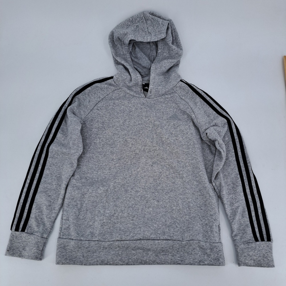 Adidas Essentials Hoodie Kids M Gray Cotton Blend 3-Stripe Raglan Pullover